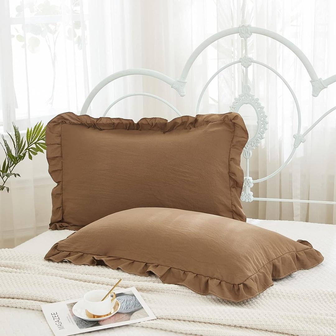 Brown Pillow Shams Coffee Brown Ruffle Queen Pillowcases Cute Pillow Cover Set of 2 Shabby Chic Soft Pillowcases 2 Pack (Queen (20''x30'')