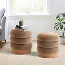 COLAMY Velvet Ottoman Footstool, Tufted Modern Foot Rest Stool with Wood Base for Living Room, Bedroom, Desk, Round Versatile Side End Table, Pouf, Makeup Seat, 2 Pcs, Camel