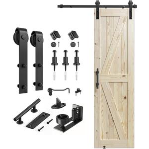 SMARTSTANDARD 28in x 84in Sliding Barn Door with 5ft Barn Door Hardware Kit Included, Unfinished Solid Spruce Wood Door, Assembly Required, DIY, Stainable, Natural