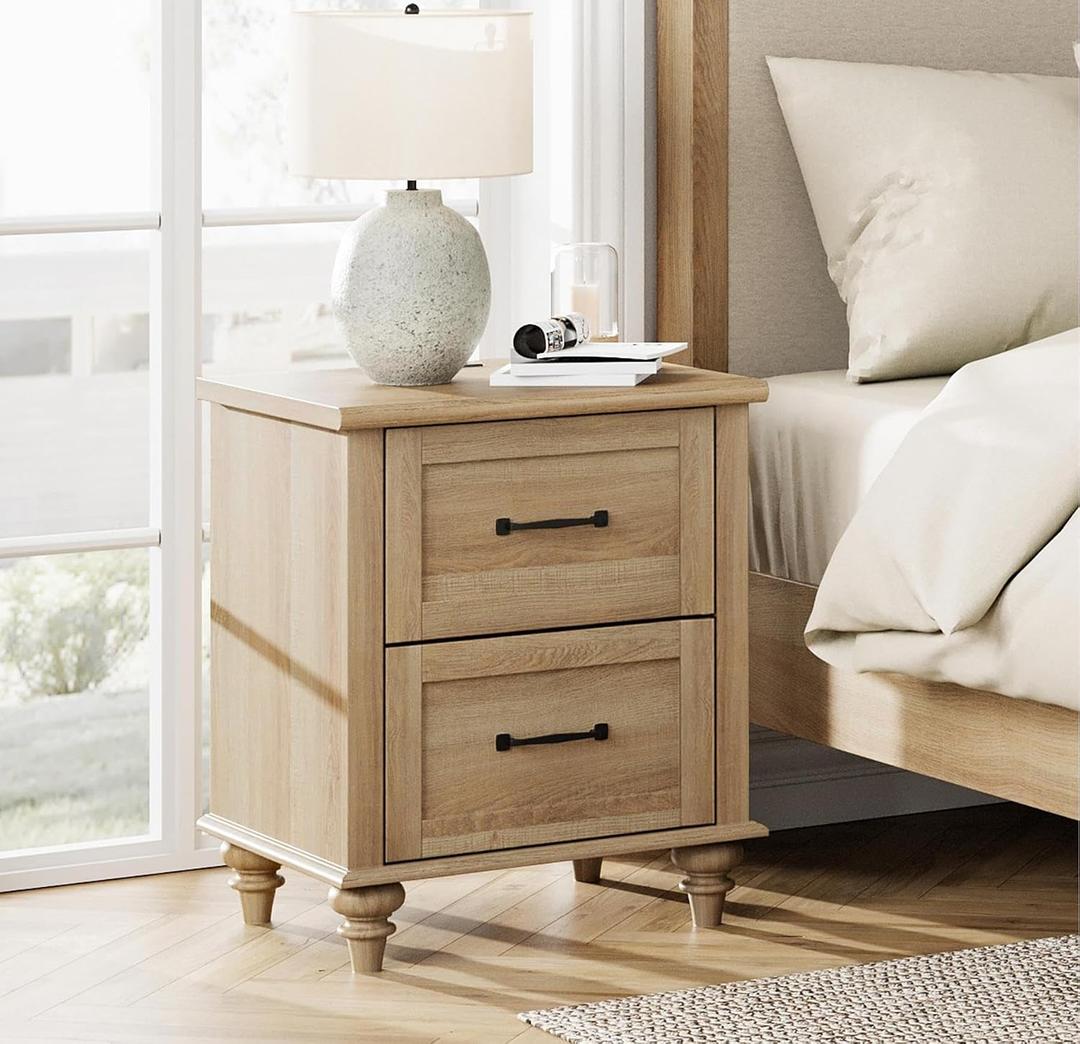 WAMPAT Nightstand Side Table with Charging Station, Light Wood End Table with 2 Drawers for Living Room, Farmhouse Night Stand Bedside Table for Bedroom, Oak