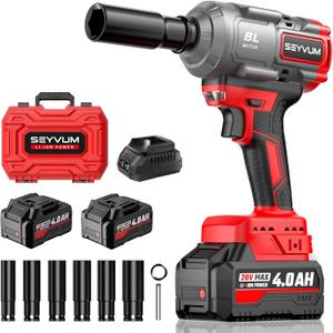 SEYVUM Cordless Impact Wrench, 1/2 Max Torque 600 Ft-lbs / 800 N.m Powerful Impact Gun, 20V 3500RPM Electric Impact Driver, 2 x 4.0Ah Battery & Fast Charger, 6 Impact Sockets, Carrying Case Included