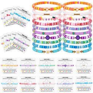 QOUBAI 36 Sets End of Year Friendship Bracelets with Cards 2026 Graduation Gift Bulk Colorful Flower Heart Fruit Clay Stretch Stackable Beaded Wristbands for Graduation Ceremony Prom Class Party Favor