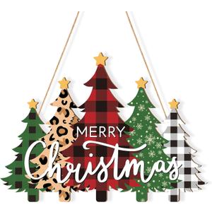 Wooden Christmas Tree Door Wreath for Front Door Sign Wall Signs, Merry Christmas Sign Black White Buffalo Plaid Welcome Hanging for Home Wall Decor Xmas Party Outdoor Indoor Supply (Large, Red)