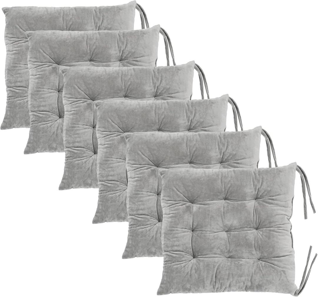 6 Pack Square Seat Cushion Chair Pads for Kitchen Dining Chairs, Soft Comfort Velvet Chair Mat Pillow Cushions with Ties for Office Desk Living Room Tatami 15.5", Gray