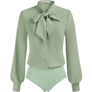 Kate Kasin Women Bow Tie Neck Office Blouse Button Down Long Sleeve Bodysuits Blouse Top (Large, Light Green)