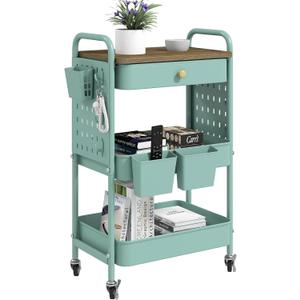 Danpinera 3 Tier Rolling Cart, Metal Utility Cart with Wooden Table Top & DIY Pegboard, Rolling Carts with Drawer, Storage Cart Craft Cart with Hooks & Hanging Cups for Kitchen, Bathroom, Office