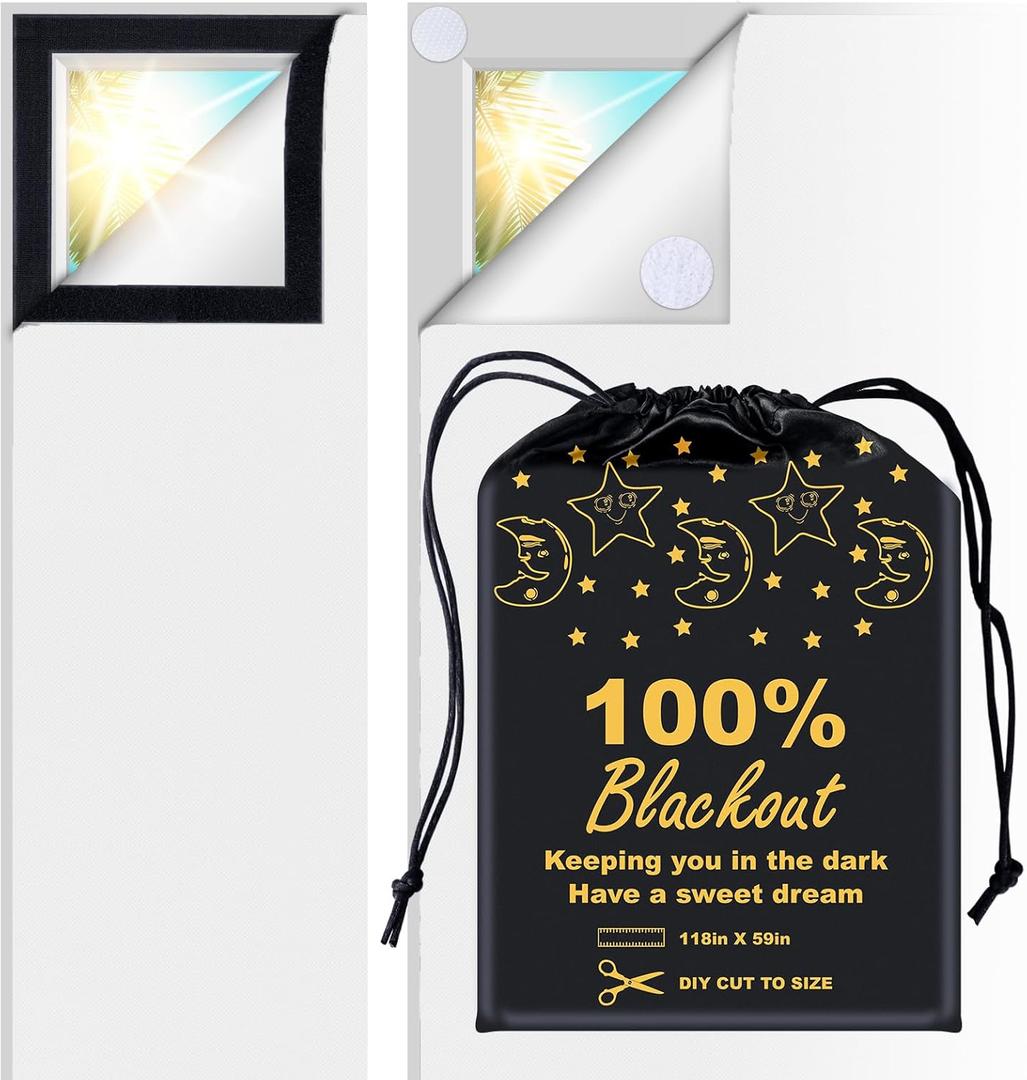 100% Blackout Blind White (118"x 59") Curtains Window Cove [DIY Cut to Any Size or Shape] [Hook & Loop Tabs][ Portable Bags for Travel ] [Light & UV Blocking ] for House,Baby Nursery,Apartment (White and Silver-grey)