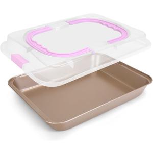 Rectangular Cake Pan with Lid, 9 x 13 Inch Baking Pan With Lid and Handle, Nonstick Bakeware Bake & Roast & Cook Carrier Pan, Champagne