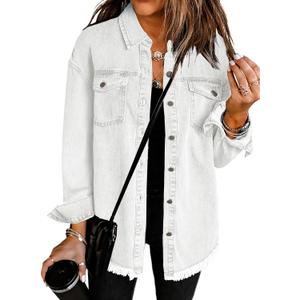 Dokotoo Women's Oversized Denim Jacket Casual Long Sleeve Denim Shirts Distresse Jean Jacket (White, S)