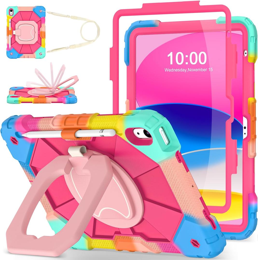 WESOROL Case for iPad (A16) 11th/10th Generation 2025/2022 with Screen Protector Rotating Stand Pencil Holder Shoulder Strap Heavy Duty Shockproof Cover for iPad 10th Gen Case,Colorful Pink
