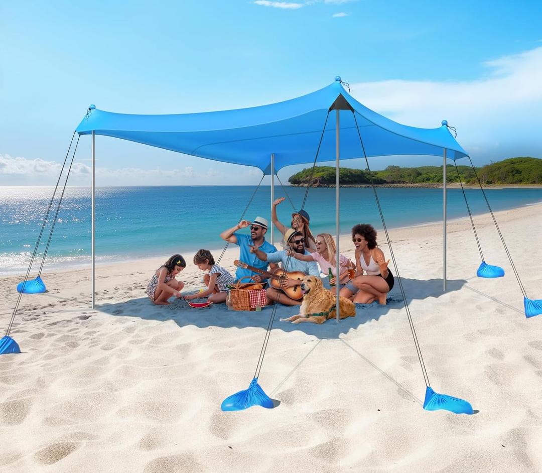Rhino Valley Beach Tent Shade Canopy UPF50+ Protection, 8 Sandbags, 4 Stability Poles, Outdoor Sun Shelter Umbrella for Sand, Camping, Fishing Essentials (10 x 10 FT, Blue)