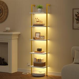 Tajsoon 5 Tier Ladder Shelf with Light, Wooden Wall Mounted Book Shelf, Wall Mounted Ladder Bookshelf with Metal Frame, Industrial Ladder Bookshelf for Office, Living Room, Bedroom, Gold & White