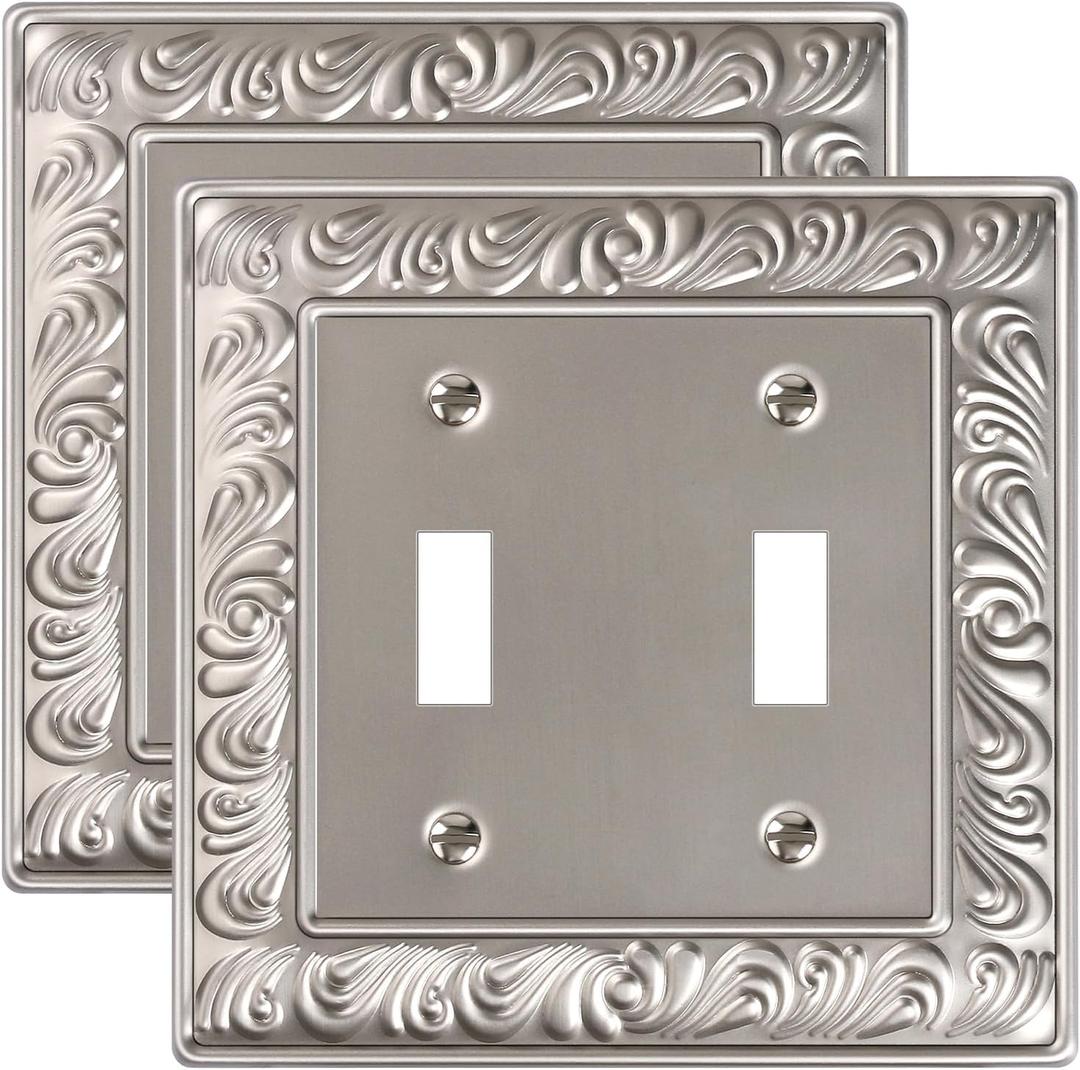 2-Pack Double Toggle Light Switch Cover Plate, Paisley Pattern Decorative Dual Switch Plate Covers, Satin Nickel 2 Gang Metal Wall Plates for Electrical Outlets, Receptacle, GFCI Outlet