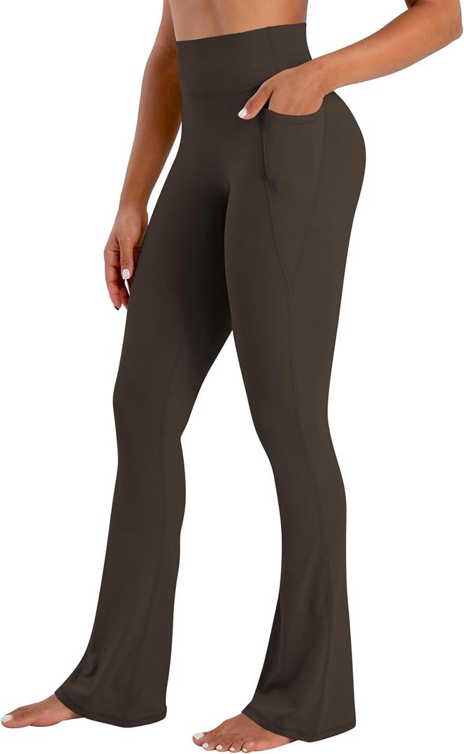 Sunzel No Front Seam Flare Leggings for Women with Pockets Hidden Butt Lifting Scrunch Tummy Control Mini Flared Yoga Pants (Large, Seal Brown)