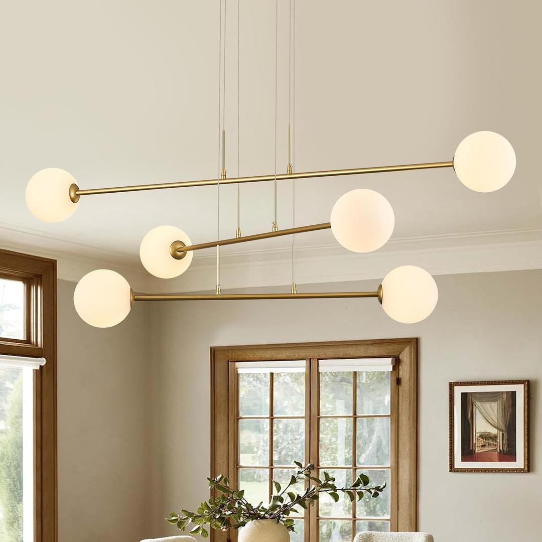 Mid Century Sputnik Chandelier 6-Light Gold Sputnik Chandeliers Milk Glass Sputnik Chandeliers Modern Pendant Light Fixture for Dining Room Kitchen Island Living Room, Long 6 Light