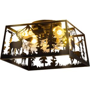 Farmhouse Caged Ceiling Fans with Lights and Remote Control,Rustic Black Chandelier Fan with Deer Design Square,Flush Mount Low Profile Fandelier for Bedroom,Dining Living Room,Foyer (D22.2 inch)