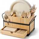 Qunclay Wooden Silverware Caddy with Drawer, Paper Plate Organizer Holder Dispenser for Party, Utensil Cutlery and Flatware Holder with 4 Compartments for Forks, Spoons, Napkins, Kitchen Countertop