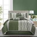 Stratford Park 7 Piece Green Comforter Set, King Size Jacquard Bedding Set, All Season Geometric Patchwork Bedding Set, Matching Pillows, Shams, Bed Skirt