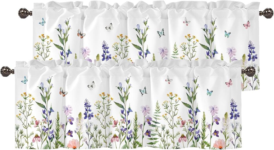 Spring Wildflower Green Leaves Valance for Windows,Window Treatment Curtains Rod Pocket Sheer Small Short Valance for Kitchen Bathroom Laundry Basement,2 Panels,42Wx12L inch,Watercolor Floral