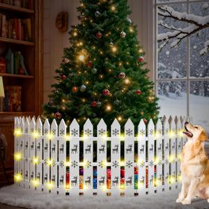 Sasylvia Christmas Tree Fences with LED String Lights 24 x 142 Inch Wooden Christmas Tree Picket Fence Barrier Wood Gate for Pets Dog Cat Xmas Holiday Wedding Home Garden Party Decor (Xmas)