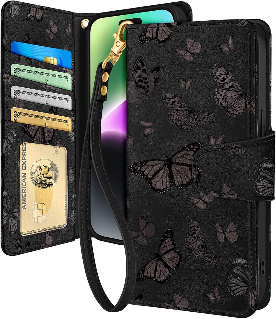 Toycamp for iPhone 14 Plus Wallet Case with Wrist Strap - Leather Flip Folio Phone Case with RFID Blocking 4 Card Holder for Apple for iPhone 14 Plus Funda Cute Aesthetic for Women, Black Butterflies