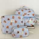3PCS Quilted Make Up Bag Set Cute Cotton Make Up Pouch Blue Striped Bear Cosmetic Bag Set Large Travel Toiletry Bag For Women(B)