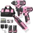 Pink Household Power Tool Combo for Women(3-Tool), 12V Lightweight Cordless Drill with Battery x2, Impact Driver and Rotary Tool Kit-Home Tool Kit for DIY, Home Improvement
