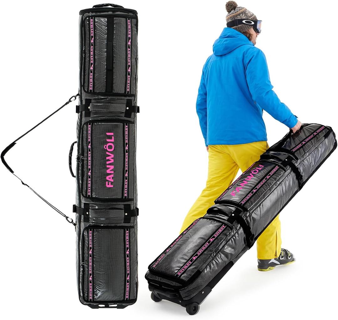 Fanwoli Snowboard Ski Bag with Wheels | Fully Padded Ski Bags for Air Travel | Fits 155-185cm Skis/Snowboard & US 13 Boots | 900D Waterproof TPU & Removable Shoulder Straps | Expandable & Foldable (175cm, Pink)