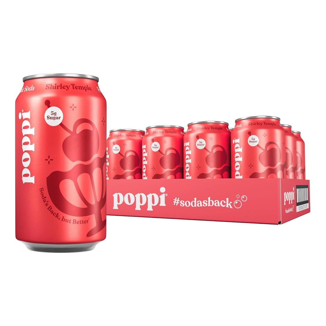 Poppi Sparkling Prebiotic Soda Beverage with Apple Cider Vinegar, Seltzer Water and Fruit Juice, Shirley Temple, 12 Fl Oz, Pack of 12 (EXP 11/22/26)