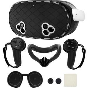 8-in-1 Silicone Cover Set for Meta Quest 3s Accessories, Juylay VR Protective Cover Accessories for Oculus Quest 3S with Facial Interface, Shell Cover, Controller Grip Cover, Joystick Caps, Black