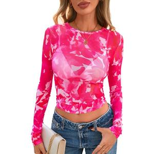 PRETTYGARDEN Women's Mesh Long Sleeve Spring Top 2026 Trendy Summer See Through Sheer Blouse Fitted Going Out Layering Shirts S