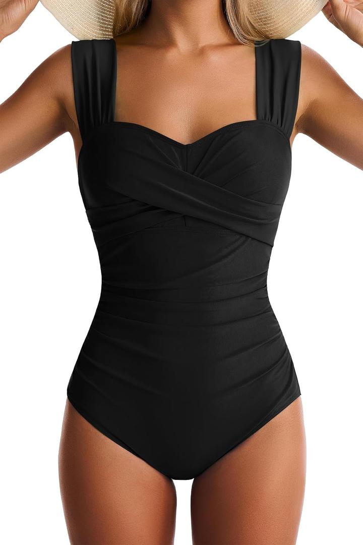 Womens One Piece Swimsuits Tummy Control Bathing Suits Modest Full Coverage Swimsuit Wide Straps Swimwear (Black, XL)