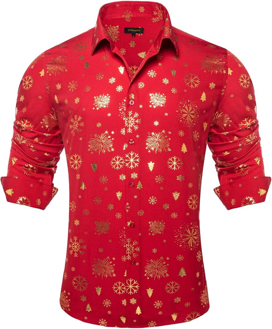 DiBanGu Christmas Shirts for Men Holiday Button Down Snowflake Dress Shirts Xmas Festival Long Sleeve Shirt for Vacation (Red)