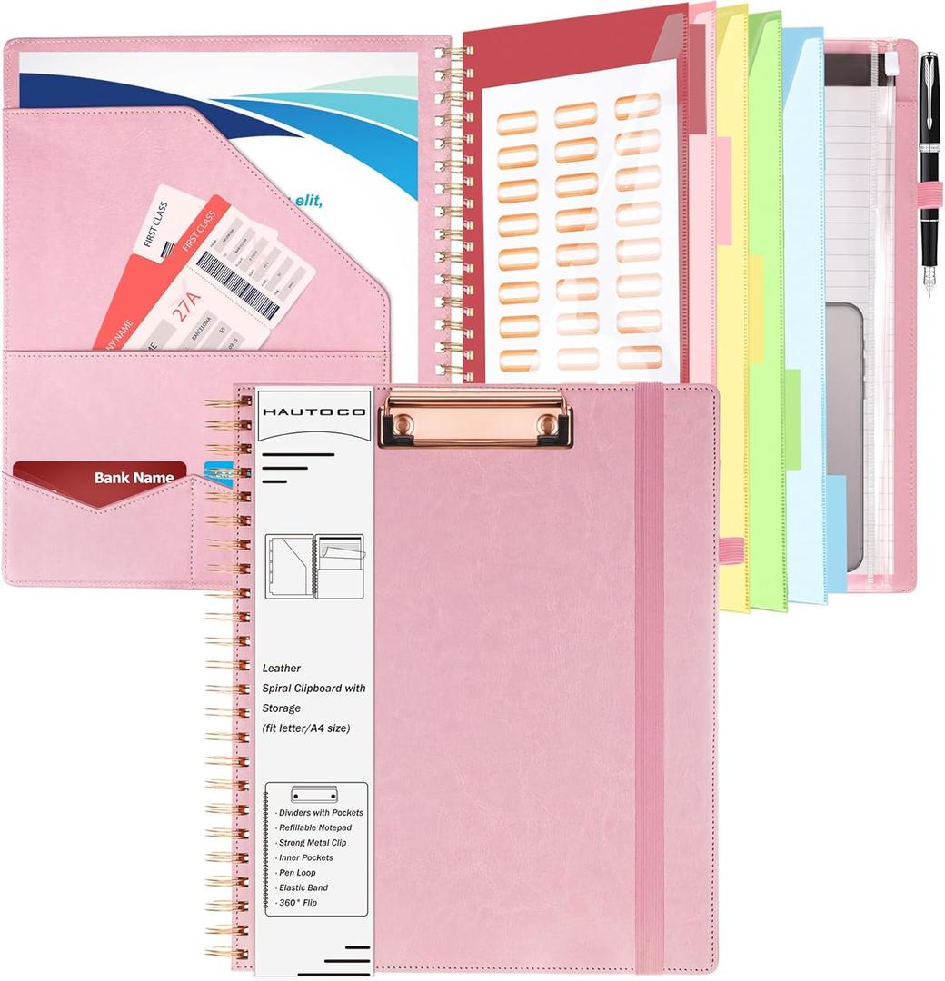 HAUTOCO Leather Clipboard Folio with Storage Zipper Pouch, Notepad, Business Card Holder, 5 Dividers with 10 Pockets, File Folder Labels, Pen Loop and Elastic Strap, Spiral Padfolio Clipboard, Pink