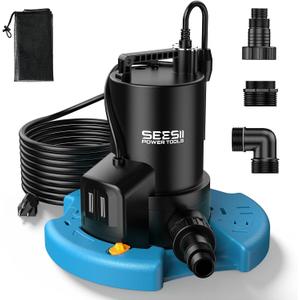 SEESII 1/3HP Pool Cover Pump - Automatic On/Off, 3035GPH Submersible Water Pump with Filter Net, 25ft Power Cord, Check Valve, Sump Pump for Swimming Pool, Hot Tubs, Pond, Basement, Rooftops (Blue, Black)
