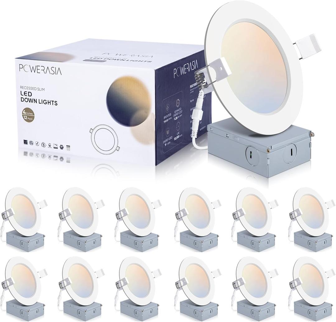 POWERASIA 12 Pack 4 Inch Ultra-Thin LED Recessed Ceiling Light with Junction Box, 5CCT Dimmable 2700K/3000K/4000K/5000K/6000K, 9W 850lm Can Killer Downlight-ETL and Energy Star Certified