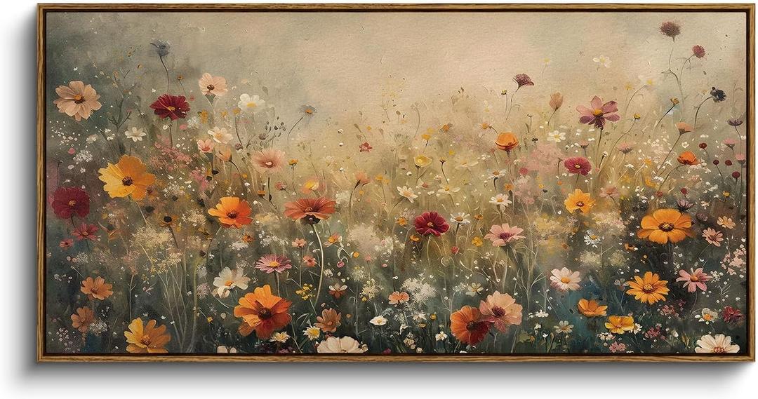 InSimSea Extra Large Framed Vintage Wall Art, Living Room Country Farmhouse Decor, Spring Flower Wildflower Landscape Canvas Prints, Retro Flowers Long Pictures for Bedroom Above of Bed, 20x40inch