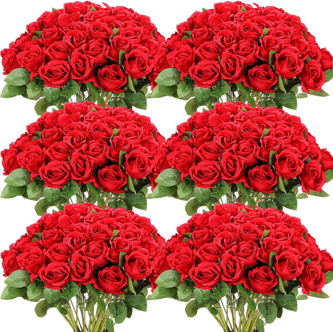Jexine 50 Pcs Artificial Rose Flower Bulk Realistic Silk Fake Roses with Long Stem Plastic Artificial Flower Bouquet Real Looking for Home Wedding Centerpieces Party Decoration(Red)