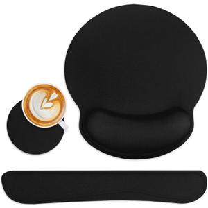 Britimes Black Ergonomic Mouse Pad Set with Black Wrist Rest Non-Slip Rubber Base Wrist Cushion Support and Coasters Mousepad with Wrist Support for Computer Keyboard and Desk