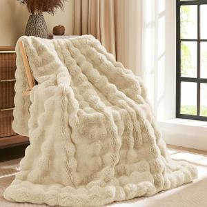 L'AGRATY Faux Rabbit Fur Blanket: 50" x 60" Luxury Soft Fluffy Thick Fur Throw Blanket for Couch Bed Sofa - Cozy Plush Bubble Blankets for Winter: Warm Flannel Fleece Decorative Blanket(Almond White)