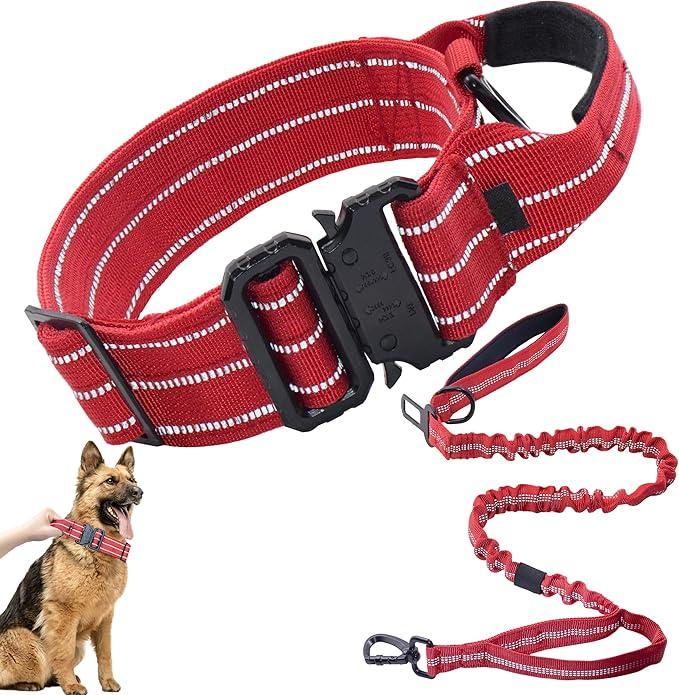 Maiiu Tactical Dog Collar and Leash Set, Adjustable Military Training Reflective Nylon Dog Collar with Control Handle, Heavy Duty Metal Buckle for Medium and Large Dogs(M, Red Set)