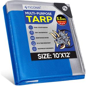 TICONN Heavy Duty Tarp Cover, Extra Thick Tarps Waterproof Tear and Rip Proof UV Resistant Tarpaulin with Reinforced Grommets and Edges (5.5 Mil, 10'x12')