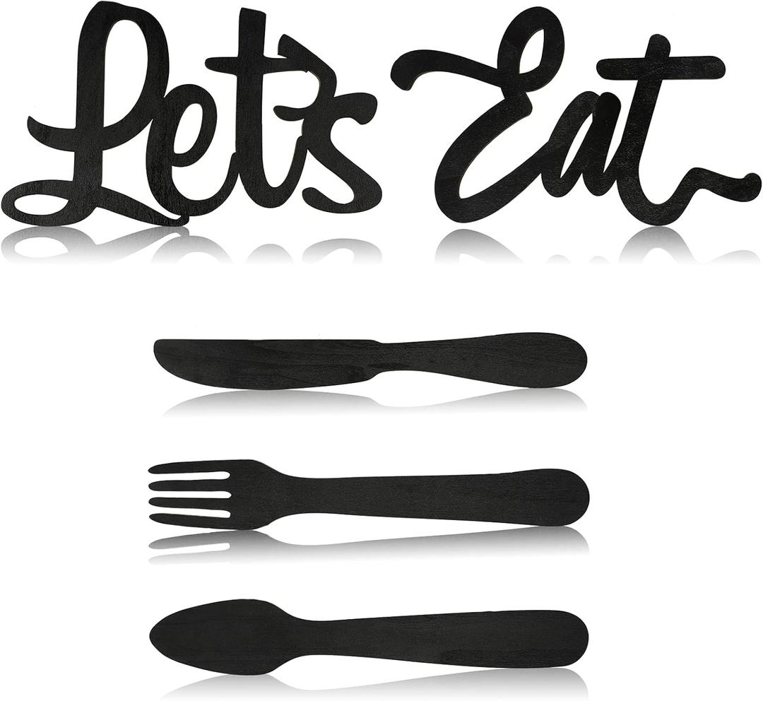Jetec 5 Pcs Let's Eat Sign Kitchen Wall Decor Fork Spoon Knife Kitchen Decor Sign Rustic Farmhouse Wooden wall decorations for Home Dining Room Bar Cafe Restaurant(Black)