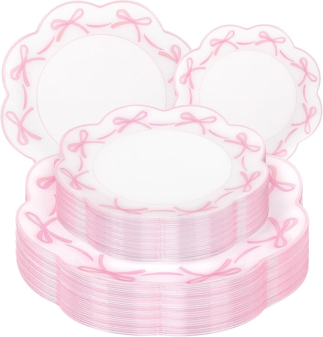 LIYH 60 Pcs Pink Bow Plastic Plates for Party - Pink Scalloped Scalloped Plates Disposable Heavyduty for Decorative Tableware for Holiday Party Decor Supplies - 10.25" Dinner & 7.5" Dessert Plate