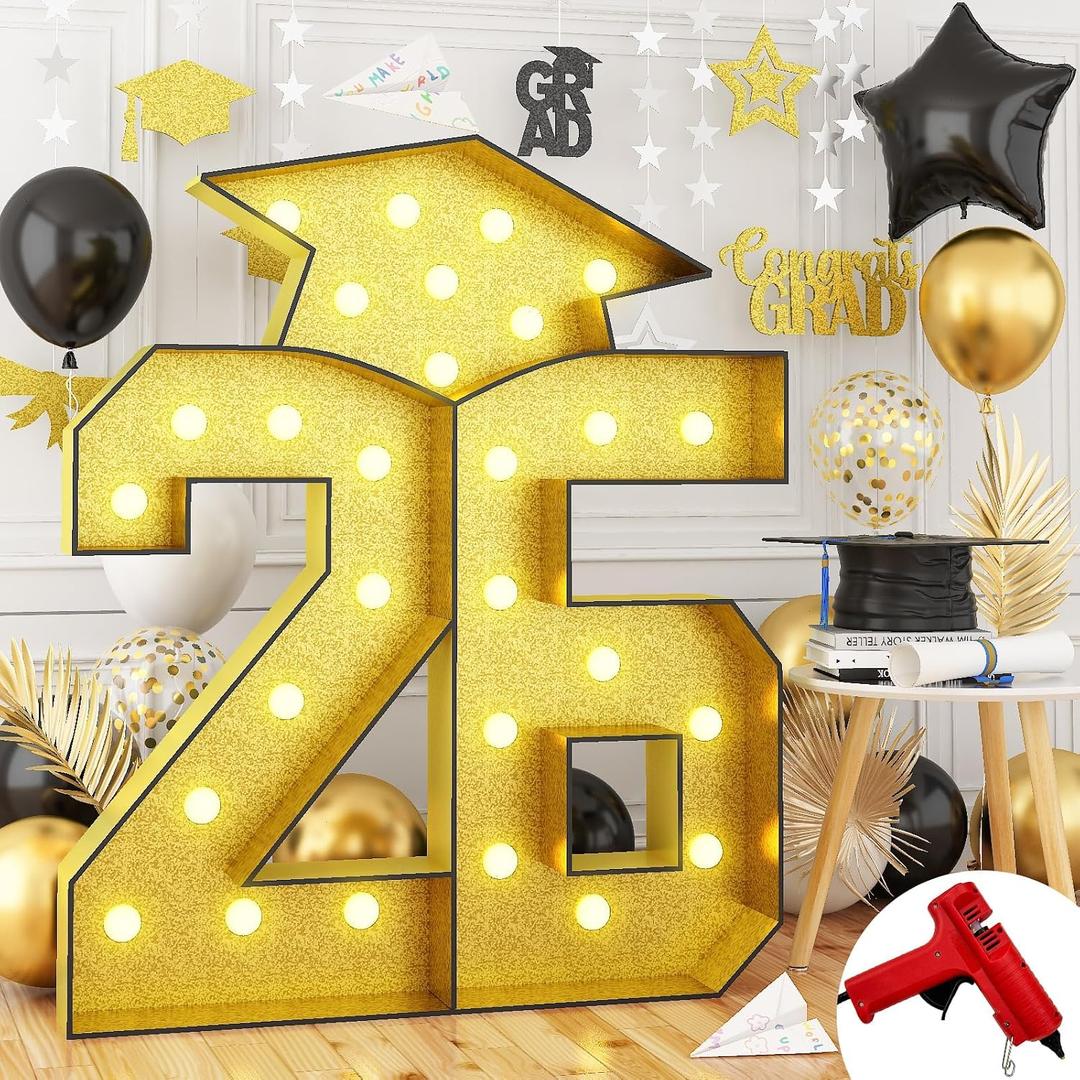 4.5FT Graduation Decorations 26 Light Up Numbers Graduation Cap with Lights, Gold Mosaics Marquee 26 Number Frame Pre-Cut Board Kit for Class of 2026 High School College Graduation Party Decorations, Small