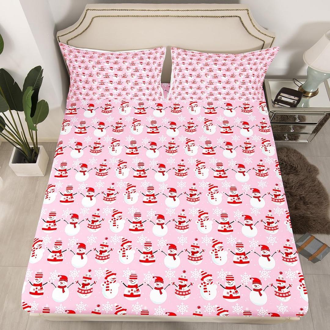 Christmas Bed Sheet Set Kids Cartoon Christmas Snowman Fitted Sheet Boys Girls Decor Snowflake Bedding Set Microfiber Pink Xmas Theme Bed Cover Bedroom Full Size (Multi 33)