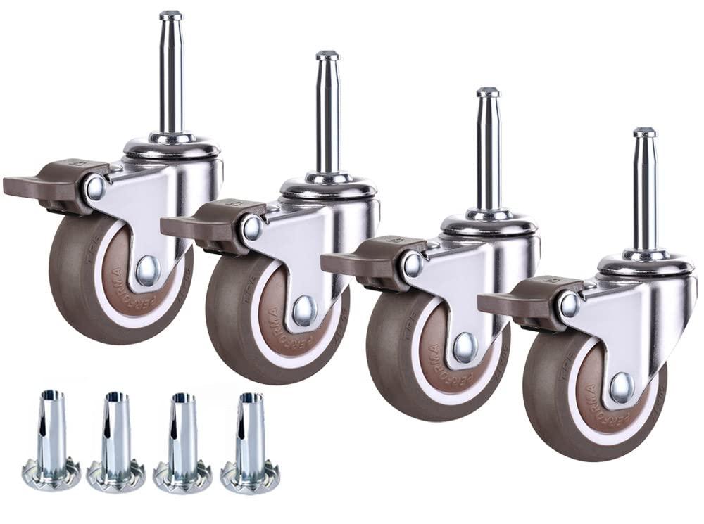 2 Inch Rubber Caster Wheel Set of 4with Brake with 5/16" x 1-1/2" (8 x 38mm) Stem and 20mm Dia Sockets, for Furniture Crib Trolley Dining Car Casters