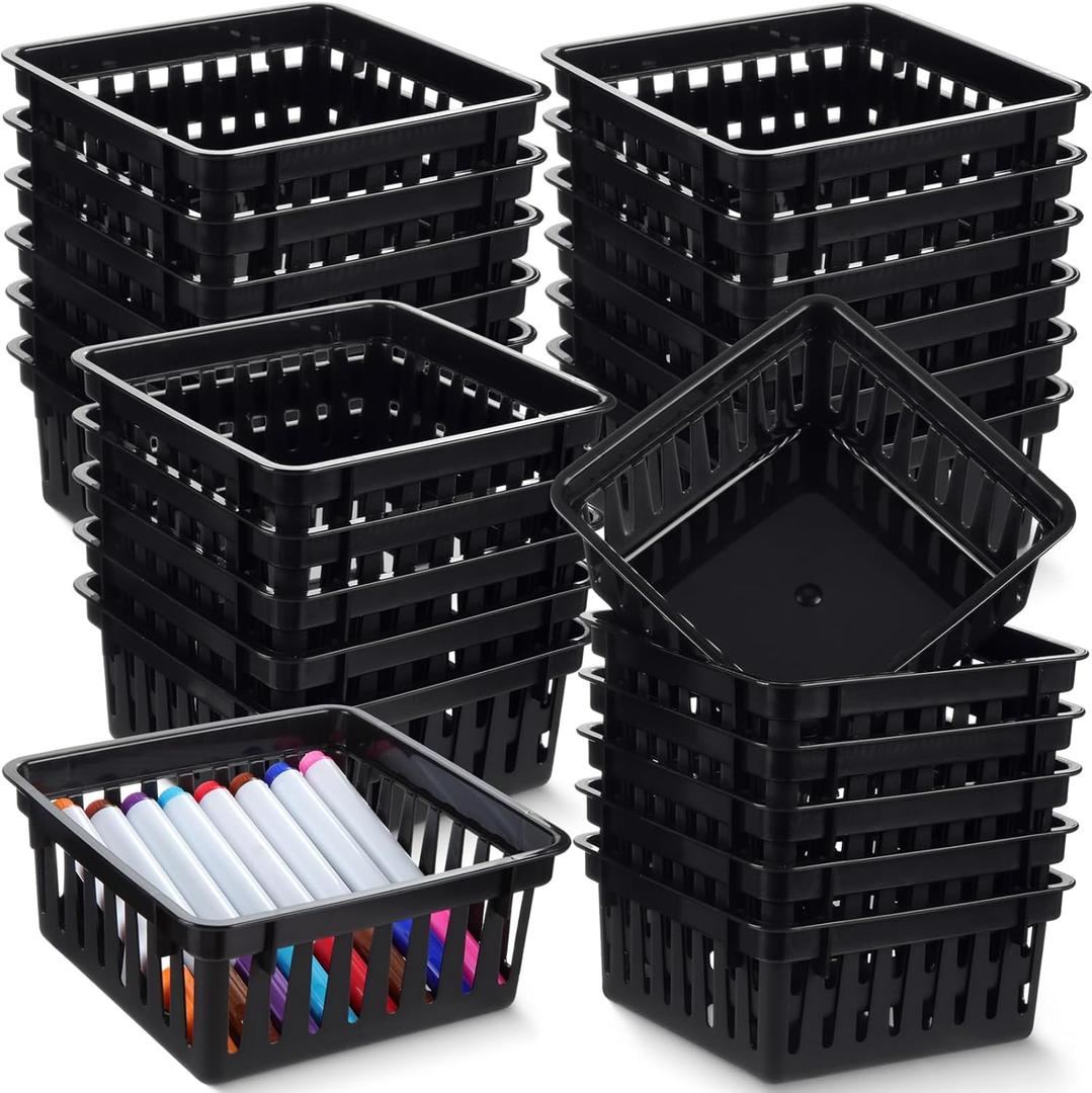 Tatuo 24 Pcs Classroom Small Plastic Baskets Bulk Storage Baskets for Organizing Crayon Pencil Containers Organizer Bins for Back to School Gift Office Desk Drawer Home, 5.31 x 5.31 x 2.44 Inch(Black)