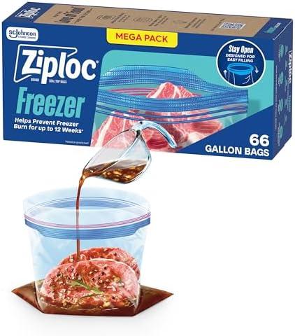 2 Pcs Ziploc Gallon Food Storage Freezer Bags, Stay Open Design, Easy to Fill, 66 Count 
