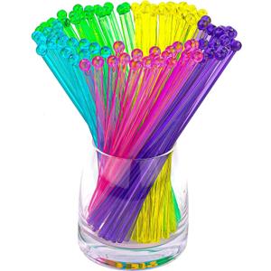 100-PCS 5 Colol Plastic Swizzle Sticks, Crystal Cake Pops, Cocktail Coffee Drink Stirrers, Lolipop Stick, 7.24 Inch (Pink, Yellow, Blue, Purple, Green) (Multicolor)